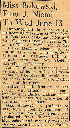 Miss Bukowski, Eino J. Niemi to Wed June 13