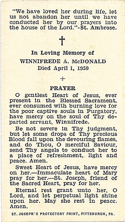 Winnifrede A. McDonald - Prayer Card Back
