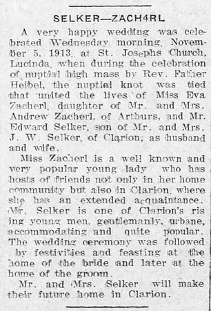 The_Clarion_Democrat_Thu__Nov_6__1913_Selker-Zacherl Wedding